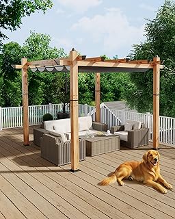 KYBOLT 10x10 Ft Outdoor Pergola Aluminum Pergola with Retractable Canopy Wood-Grain Sun Shade Shelter for Garden Patio Backyar Deck(Gray)