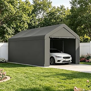Carport, 10‘ x 20’ Heavy Duty Portable Garage All-Season Car Canopy w/Removable Sidewall & Doors, Carport Canopy Party Tent w/Water-Resistant Tarp for Backyard (Grey, 10‘ x 20’)
