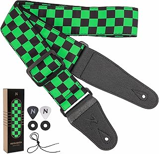 Nefelibata Guitar Strap,Personalised Cotton Double Layer Cotton Guitar Straps with Longer Leather Ends for Bass, Electric & Acoustic, Best Gifts for Kids, Men & Women Guitarists (Green Square)