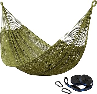 CHULIM Handwoven Mayan Hammock with 10ft Tree Straps, 550lbs Capacity Soft Rope Double Hammock, Portable Outdoor Hammock with Carry Bag for Camping Backyard Beach - Green