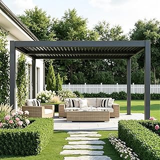 MELLCOM Pergola Louvered 10x12, Metal Hardtop Pergola with Adjustable Roof for Sun & Rain Shade, Outdoor Gazebo with Integrated Drainage System, Modern Rustproof Patio Canopy Carport