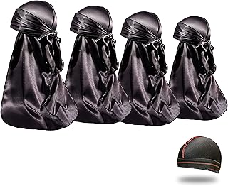 4PCS Silky Durags for Men Women 360 Waves with 1 Wave Cap, Silky Satin Durag Extra Long Tails