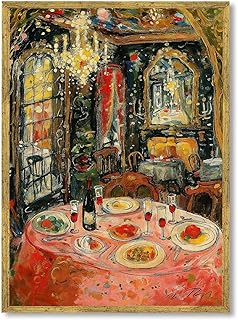 Framed Elegant Dinner Scene Poster Canvas Print Art Vintage Painting Pictures Whimsical Wall Art Prints for Kitchen Restaurant Home Decor Decoration Wall Decoration Bar Apartment (Gold Framed,12L"x16W")
