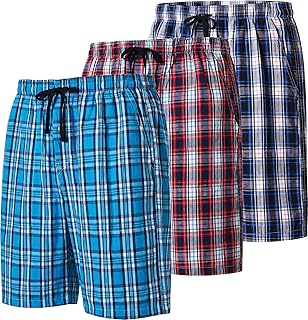 Men's Plaid Pajama Shorts 3-Pack Woven Cotton Sleep & Lounge Shorts, Lightweight PJ Bottoms with Pockets & Button Fly