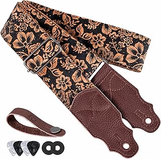 YIKOKO Guitar Strap, Head Layer Cowhide Leather End, 2 Inches Wide, for Acoustic and Bass Electric Guitars