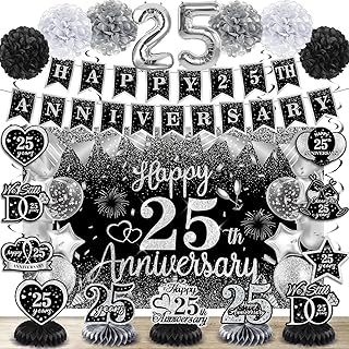 25th Wedding Anniversary Decorations Black Silver Happy 25th Anniversary Banner Backdrop Honeycomb Centerpiece Hanging Swirls Pom Poms for 25 Years Silver Wedding Party Decorations Supplies