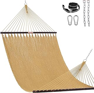 Lazy Daze Hammocks 13 FT Extra Large 2+ Person Caribbean Rope Hammock, Hand Woven Polyester XL Hammock with Spreader Bars, for Outside Outdoor Backyard Patio Poolside, 500 LBS Capacity, Tan