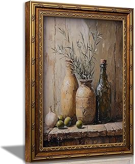 Vintage Gold Framed Wall Art Rustic Still Life Canvas Wall Decor Vintage Olive & Ceramic Vase Oil Painting Print Antiqu Kitchen Still Life Picture Artwork for Farmhouse Dining Room Decor 16x24in