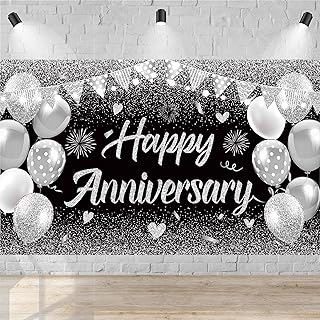 Black Silver Happy Wedding Anniversary Banner for 5 10 15 20 25 30 40 50 for Couple, Happy Anniversary Decorations, Surprise for Parents Cheers to Wedding Supplies 71x43in