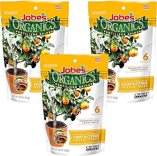 Jobe’s Organics Fruit & Citrus Tree Fertilizer Spikes, 3-5-5 Time Release Fertilizer for all Container or Indoor Fruit Trees, 6 Spikes per Package (3)