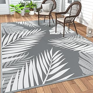 GENIMO Outdoor Rug 5' x 8' Waterproof for Patios Clearance, Reversible Plastic Straw Camping Carpet, Large Area Rugs Mats for RV, Picnic, Backyard, Deck, Balcony, Porch, Beach, Grey&White