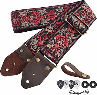 Nefelibata Guitar Strap,Jacquard Embroidery Cotton Guitar Straps with Crazy Horse Leather Leather Ends for Bass, Electric & Acoustic, Best Gifts for Kids, Guitarists(Retro Red Flower)