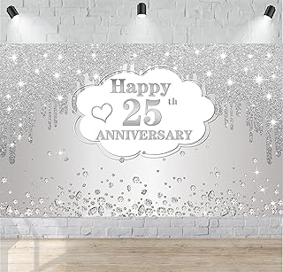 25th Wedding Anniversary Banner Decorations, Silver 25 th Wedding Anniversary Decorations Decor Poster Photography for Backdrop, Silver Happy 25 Anniversary Party Supplies, 72.8x43.3 inches