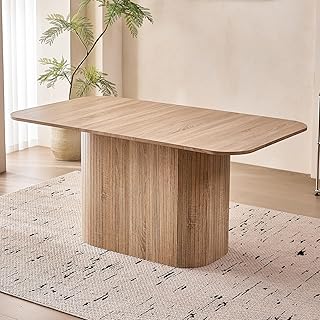 Large 63" Large Dining Table for 4 6, [Rounded Corners] [Grooved Pedestal Base] Modern Rectangle Kitchen Dinner Dining Living Room Table