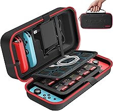 Switch Carrying Case Compatible with Nintendo & OLED, Portable Switch Travel Carry Case Fit for Joy-Con and Adapter, Hard Shell Protective OLED Pouch Bag with 20 Games, Red Interactive Gaming Figures