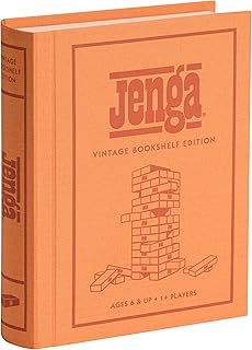 Jenga Vintage Bookshelf Edition, Linen Wrapped Book Box & Slipcase, 54 Hardwood Blocks & Stacking Sleeve, Classic Jenga Game for Adults & Kids, Ages 6+