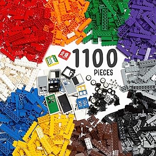 1100 Pieces Building Bricks Set - 10 Classic Color Blocks - Bulk Building Blocks Compatible with Major Brands - 14 Different Shape Bricks - Includes Wheels, Tires, Axles, Windows & Door