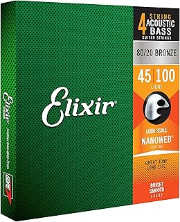 Elixir Strings, Acoustic Bass Guitar Strings, 80/20 Bronze with NANOWEB Technology, Longest-Lasting Bright Tone with Comfortable Feel, 4-String Set, Long Scale, Light 45-100