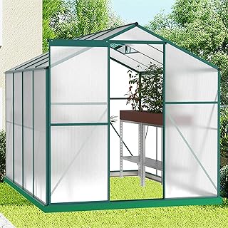 6'x 8' Polycarbonate Greenhouse with Thickened Aluminum and Sliding Door,Heavy Duty Walk-in Plant Garden Green House,W/ Drainage System,for Backyard,Terrace,Garden,Green