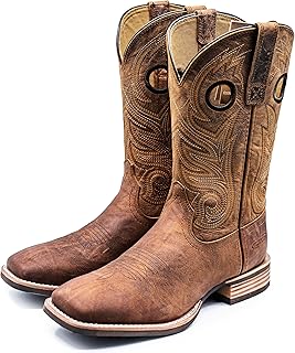 Cowboy Boots for Men, Full-Grain Cowhide, Square Toe Western Boots, Slip-Resistant Outsole, Brown Distressed Vintage for Ranch & Rodeo Sizes 8-13
