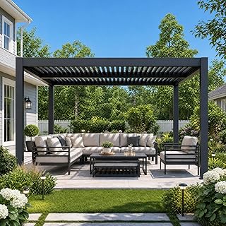10x12 FT Louvered Pergola, Modern Style Outdoor Pergola with Adjustable Louvered Roof, Reinforced Aluminum Frame, Integrated Drainage System, Hardtop Gazebo for Patio, Deck (Gray)