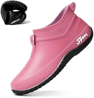 Women's Rubber Flat Low Top Rain Boot Fashion Round Wide Toe Waterproof Lug Sole Anti-Slip Slip on Deck Garden Shoes for Boating Camping Farming Outdoor Work