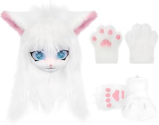 Cat Paw Mittens Gloves Furry Shoes Fursuit Animal Head Mask Halloween Masquerade Costume Accessories Set