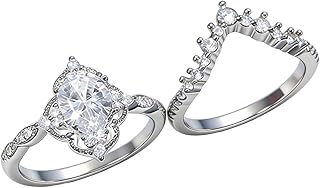 Platinum Plated Teardrop CZ Solitaire Engagement Ring Set Pear-shaped Bridal Rings Sets for Women Wishbone 'V' Cubic Zirconia Stackable Simulated Diamond Eternity Wedding Promise Band 7#