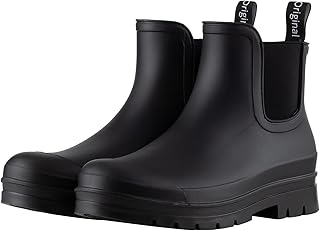Women’s Fashion Waterproof Short Chelsea Rain Boots Durable Non Slip Ankle Rubber Boots Work Booties Lightweight Outdoor Garden Shoes with Removable Insole