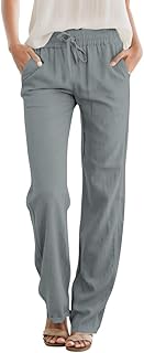 Womens Casual Linen High Waist Pants Drawstring Loose Fit Summer Pants Trousers with Side Pockets