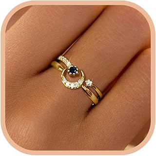 Graduation Gifts Star Moon Ring Set Stackable Rings for Women Couble 925 Sterling Silver Celestial Matching Adjustable Ring Cute 14k Gold Plated Blue CZ Moon Friendship Promise Ring Jewelry Gifts to Daughter