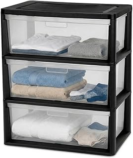 Wide 3 Drawer Plastic Storage Tower with Clear Removable Bins, 15.6" x 21" x 25.2" Organizer Unit with Drawer Stops and Easy-Pull Handles for Closet, Dorm, and Office Organization, Black