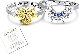 Sterling Silver Sun and Moon Rings Set for 2 Stackable Matching Mother Daughter Ring Friendship Sister Promise Jewelry Gifts for Women Bff