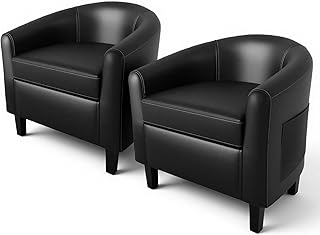 GarveeHome Accent Barrel Chairs Set of 2 Faux Leather Club Armchairs Living Room Chairs with Soft Padded Seat for Bedroom Waiting Reading Room(Black)