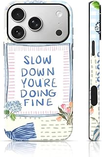 Retro Cottagecore Floral Phone Case for iPhone 17 Pro Max to 12 with Slow Down You’re Doing Fine, Matte 2-in-1 Drop Proof Protective Cover (Blue, iPhone 14 Pro)