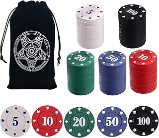IXIGER Poker Chips,Denomination Poker Chips Set with Black Velvet Pouch Bag,Plastic Game Chips,Game Night Party Supplies(100pcs)