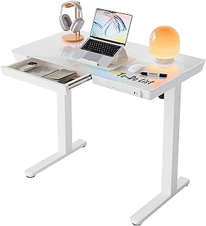 HUANUO Glass Standing Desk with Drawers, 35 X 20 Inch Electric Adjustable Height Desk, Quick Install One-Piece Tabletop with USB Charging Ports, White