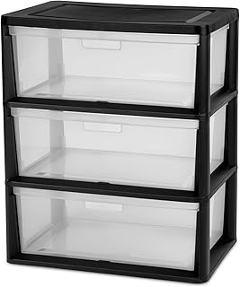 Plastic 3 Drawer Wide Tower Plastic Storage Cart with Clear Pull Out Drawers, Black