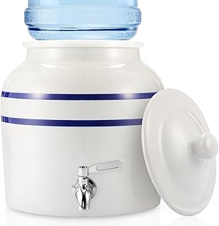 FillTouch 1 Set Ceramic Water Dispenser Crock Water Dispenser with 304 Stainless Steel Faucet, Valve and Lid for 3 to 5 Gallon Jugs Porcelain Cooler for Home Office Indoor (Striped Style,Blue)