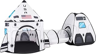JOYIN White Rocket Ship Pop up Play Tent with Tunnel and Playhouse Kids Indoor Outdoor Spaceship Tent Set