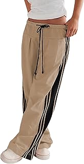 Women's Wide Leg Pants Drawstring High Rise Side Striped Slouchy Palazzo Pants with Pockets