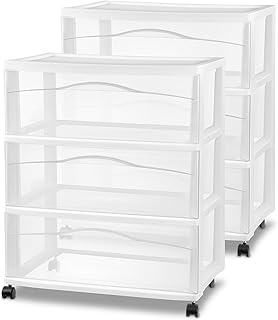 Sterilite 2 Pack Wide 3 Drawer Storage Cart, Plastic Organizer with Wheels, White - Multipurpose Bin for Clothes, Accessories, or Home Accessories