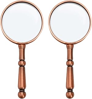 YOUEON 2 Pcs 6X Antique Magnifying Glass for Reading, Handheld Magnifier with Metal Handle, Portable Magnifying Lens for Books and Newspaper, Science Class, Observation