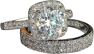 Ganquya Fashion 18K White Gold Plated Bright cut Bridal Wedding Ring Set Jewelry Gifts Cubic Zirconia Two-in-One Halo Engagement Promise Eternity Ring Set(6)