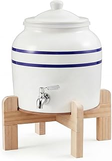 FillTouch Ceramic Water Dispenser Crock Water Dispenser with Wood Stand 304 Stainless Steel Faucet, Valve and Lid for 3 to 5 Gallon Jugs Porcelain Cooler Home Office Indoor Outdoor(Blue Stripes)