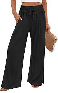 2026 Womens Pants Wide Leg High Waisted Adjustable Drawstring Trousers with Pockets Casual Lightweight