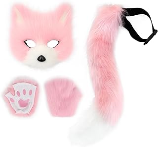 Faux Fur Fox Tail Cat Wolf Set Plush Mask Fluffy Paw Gloves Halloween Christmas Party for Women