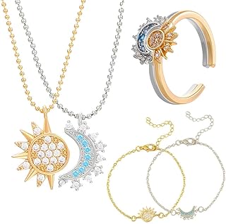 Sun and Moon Jewelry Set for for Couples Sun and Moon Necklace Bracelets Adjustable Matching Rings for Best Friend Jewelry Gift
