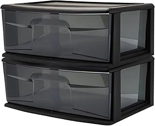 HOMZ 2-Pack 1-Drawer Storage Cart, Plastic Container with Smoke Tint, 15" Wide Body, Black Frame - Organizing Drawer Containers for Home, Bathroom, Bedroom, Office, and Classroom