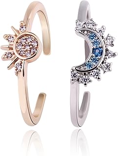 Couples Sun and Moon Celestial Stackable Two Tone Mixed Metal Rings Cubic Zirconia Adjustable Open Band Fashion Handmade Rings for Women